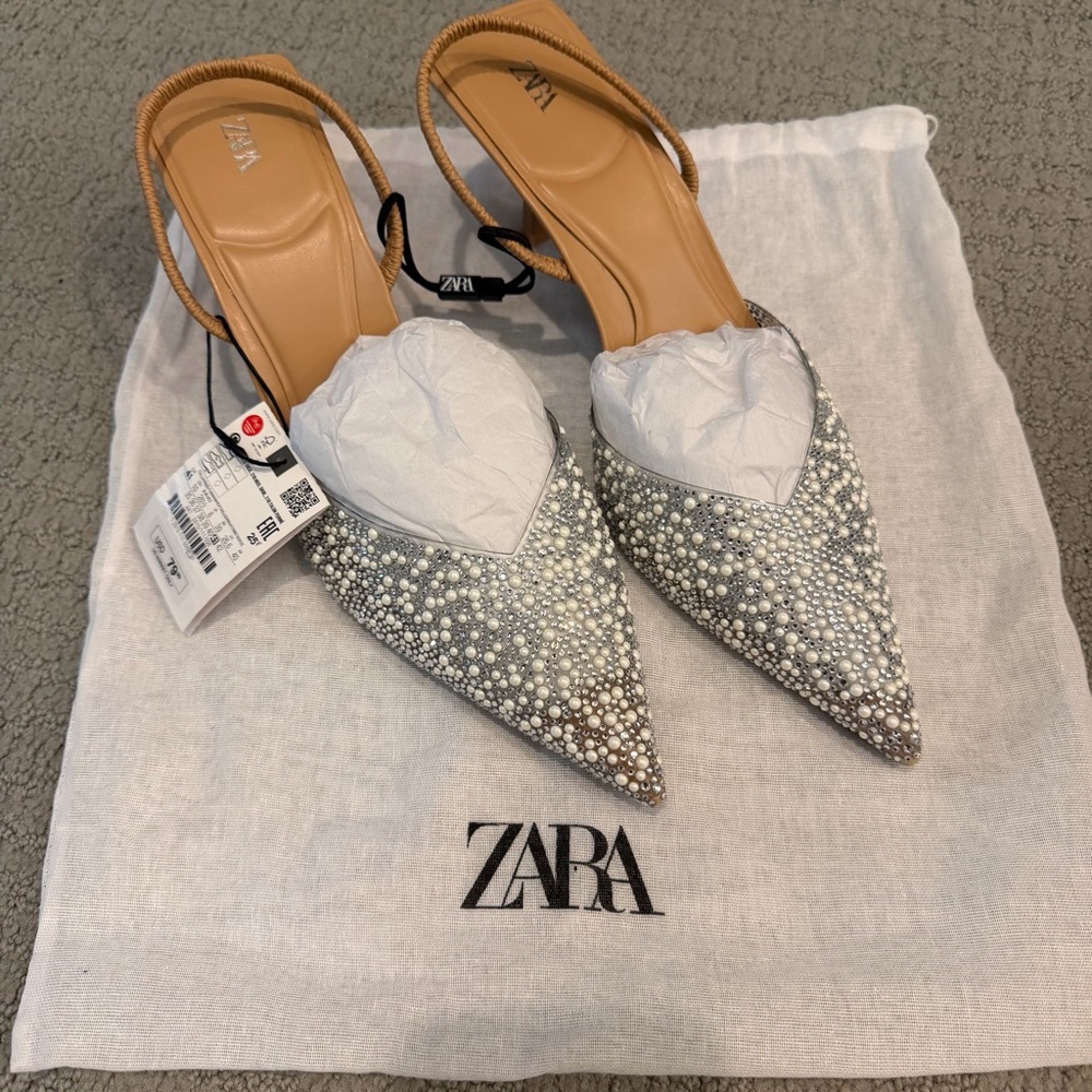 ZARA Tan Slingback Heels with Pearl & Silver Crystal Embellishment